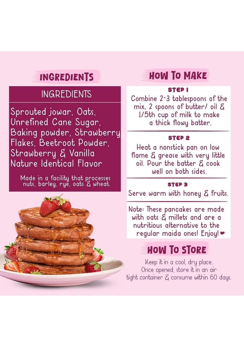 Gladful Strawberry Pancake Mix, No Maida, Palm Oil, Refined Sugar, Gluten Free, High Sprouted Protein, Low Carbs, Made with Jowar and Oats, Eggless 300 Gm