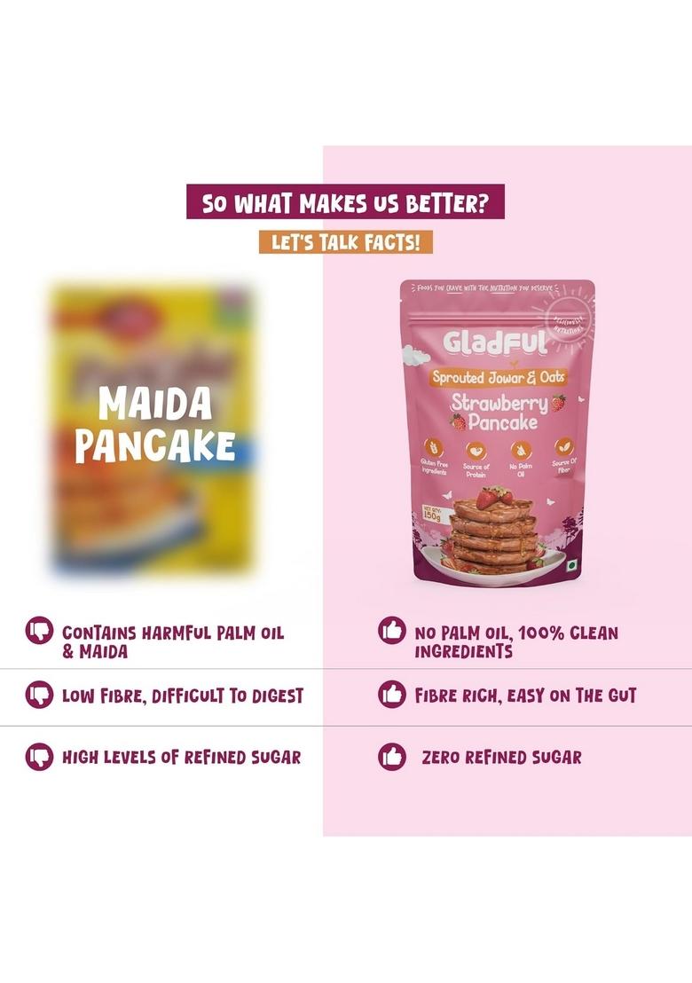 Gladful Strawberry Pancake Mix, No Maida, Palm Oil, Refined Sugar, Gluten Free, High Sprouted Protein, Low Carbs, Made with Jowar and Oats, Eggless 300 Gm