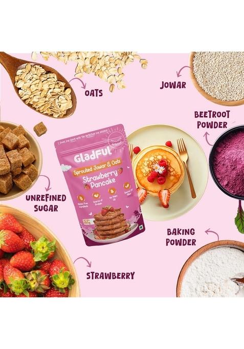 Gladful Strawberry Pancake Mix, No Maida, Palm Oil, Refined Sugar, Gluten Free, High Sprouted Protein, Low Carbs, Made with Jowar and Oats, Eggless 300 Gm