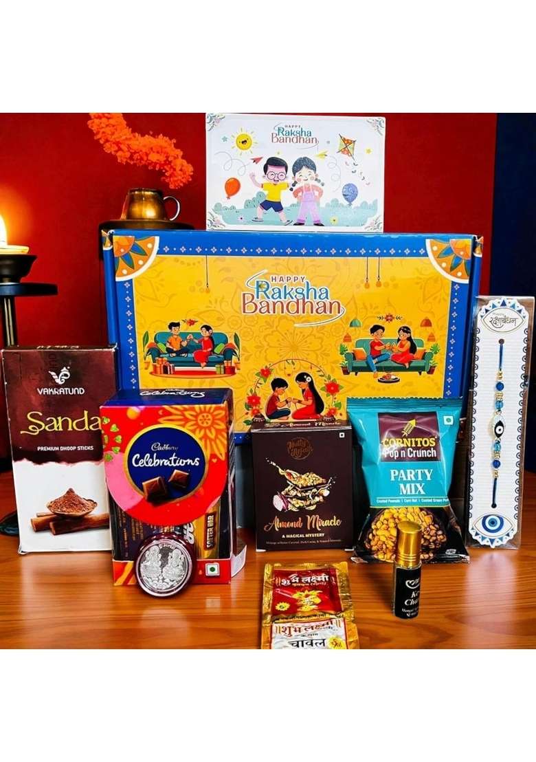 NUTTYGRITTY Rakhi Gift Combo Box for Brother Bhaiya & Bhabhi-9 Inclusions + Evil Eye Nazar Kavach|Chocolate,Millet Namkeen,Almond Bar,Incense Sticks Stand,Perfume,Coin,Card,Roli Chawall - Indya