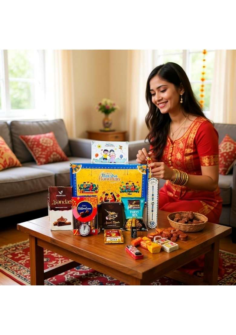 NUTTYGRITTY Rakhi Gift Combo Box for Brother Bhaiya & Bhabhi-9 Inclusions + Evil Eye Nazar Kavach|Chocolate,Millet Namkeen,Almond Bar,Incense Sticks Stand,Perfume,Coin,Card,Roli Chawall - Indya