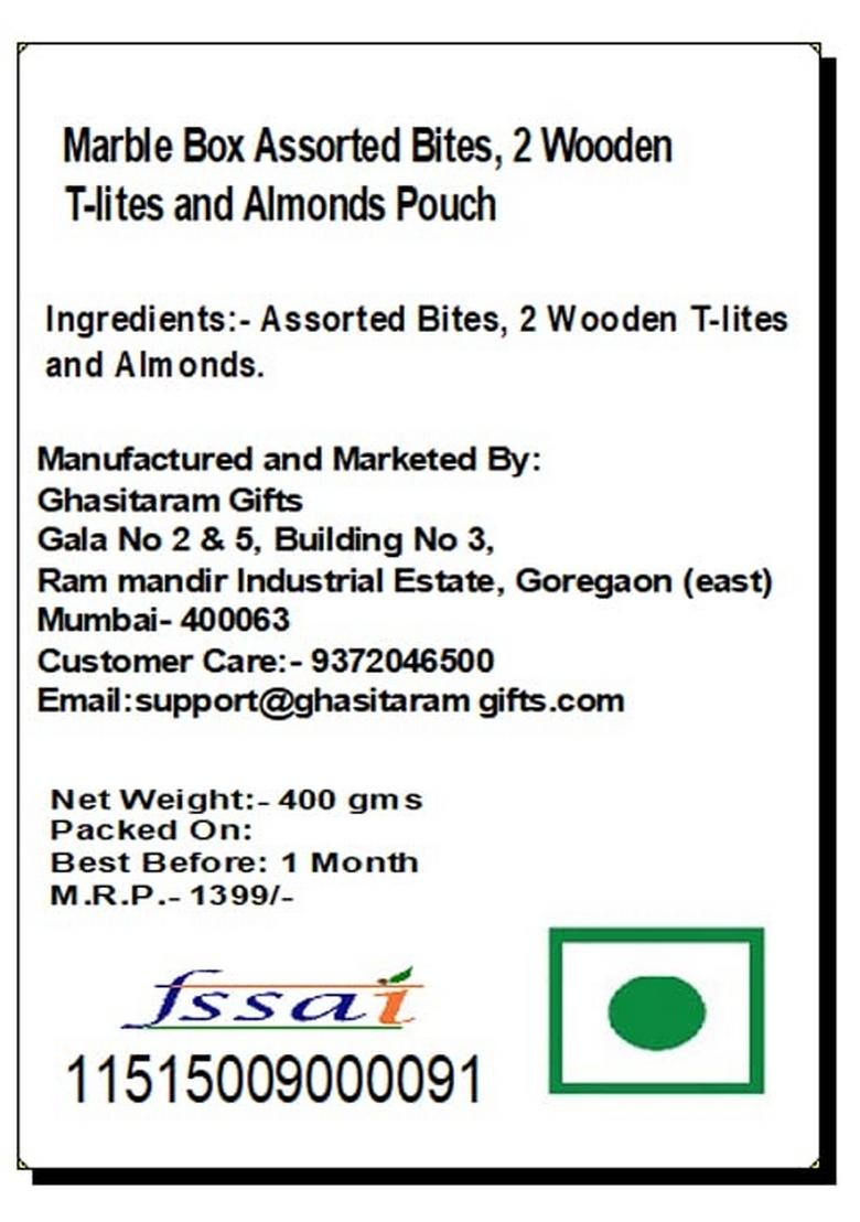 Ghasitaram Gifts Express Delivery Marble Box Assorted Bites,2 Wooden T-Lites and Almonds Pouch|Gift for Diwali,Holi,Valentine,Birthday,Anniversary,Gift Her,Him,Mothers Day,Fathers Day|