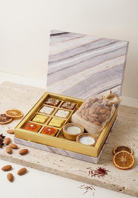 Ghasitaram Gifts Express Delivery Marble Box Assorted Bites,2 Wooden T-Lites and Almonds Pouch|Gift for Diwali,Holi,Valentine,Birthday,Anniversary,Gift Her,Him,Mothers Day,Fathers Day|