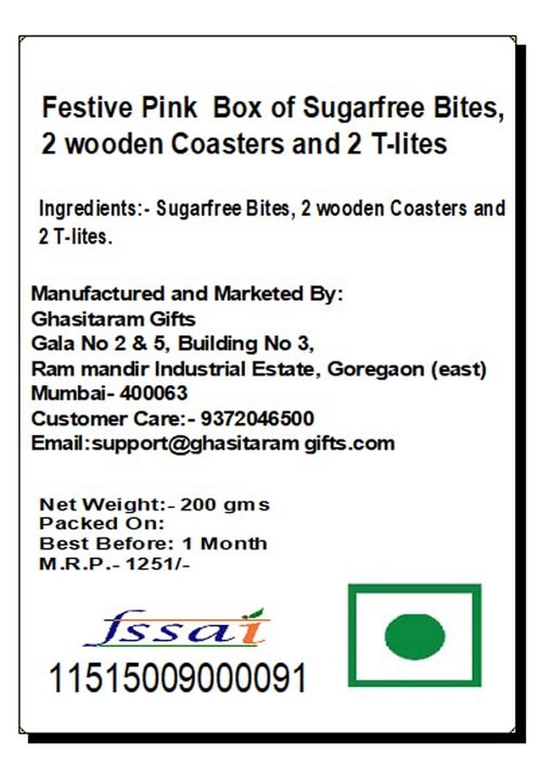 Ghasitaram Gifts Express Delivery Festive Pink Box of Sugarfree Bites, 2 wooden Coasters & T-lites|Gift for Diwali,Holi,Valentine,Birthday,Anniversary,Gift Her,Him,Mothers Day,Fathers Day|