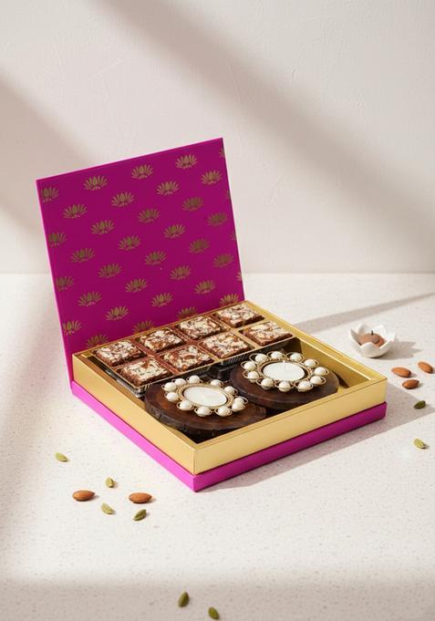 Ghasitaram Gifts Express Delivery Festive Pink Box of Sugarfree Bites, 2 wooden Coasters & T-lites|Gift for Diwali,Holi,Valentine,Birthday,Anniversary,Gift Her,Him,Mothers Day,Fathers Day|