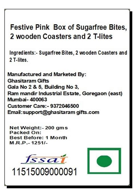 Ghasitaram Gifts Express Delivery Festive Pink Box of Sugarfree Bites, 2 wooden Coasters & T-lites|Gift for Diwali,Holi,Valentine,Birthday,Anniversary,Gift Her,Him,Mothers Day,Fathers Day|