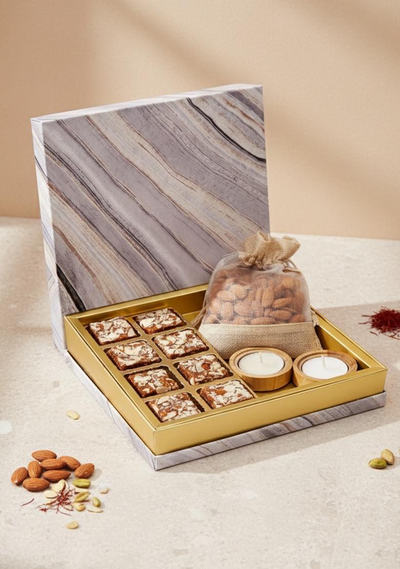 Ghasitaram Gifts Express Delivery Marble Box Sugarfree Bites,2 Wooden T-Lites and Almonds Pouch|Gift for Diwali,Holi,Valentine,Birthday,Anniversary,Gift Her,Him,Mothers Day,Fathers Day|
