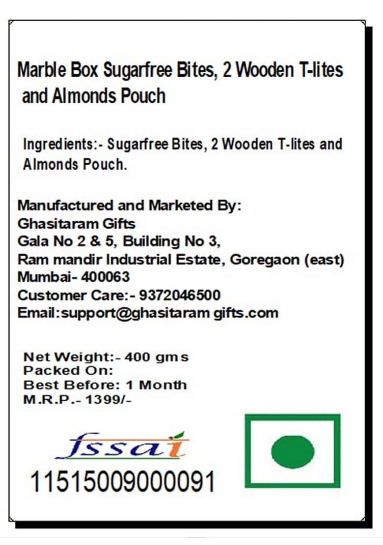 Ghasitaram Gifts Express Delivery Marble Box Sugarfree Bites,2 Wooden T-Lites and Almonds Pouch|Gift for Diwali,Holi,Valentine,Birthday,Anniversary,Gift Her,Him,Mothers Day,Fathers Day|