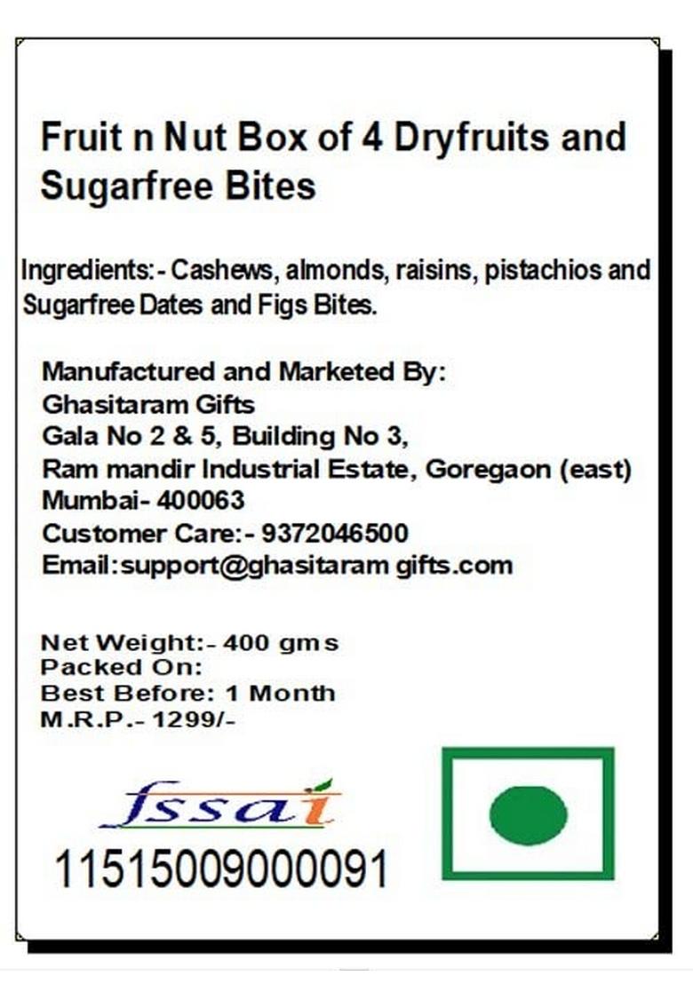 Ghasitaram Gifts Express Delivery Fruit n Nut Box of 4 Dryfruits and Sugarfree Bites|Gift for Diwali,Holi,Rakhi,Valentine,Christmas,Birthday,Anniversary,Gift Her,Him,Mothers Day,Fathers Day|