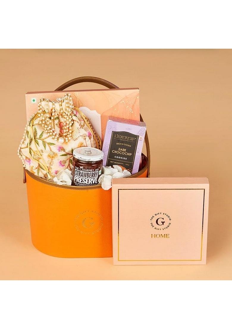 THE GIFT STUDIO.COM Premium Hamper|Assorted Chocolate Box, Strawberry Preserve, Choco Chip Biscuits, Aztec Flower T-Light, Embroidered Pooja Thali & Potli | Perfect Festive Gifting Box