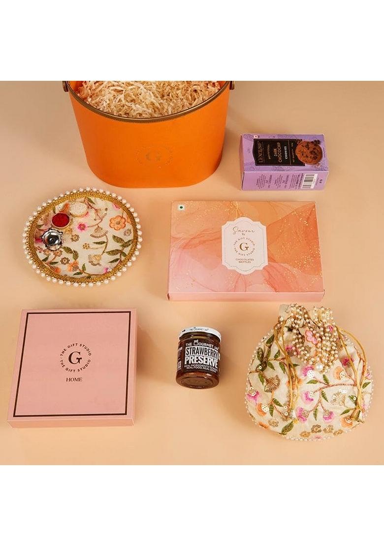 THE GIFT STUDIO.COM Premium Hamper|Assorted Chocolate Box, Strawberry Preserve, Choco Chip Biscuits, Aztec Flower T-Light, Embroidered Pooja Thali & Potli | Perfect Festive Gifting Box