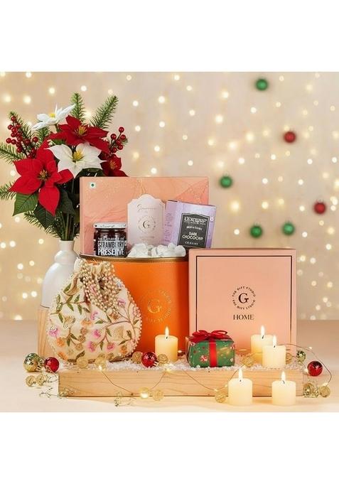 THE GIFT STUDIO.COM Premium Hamper|Assorted Chocolate Box, Strawberry Preserve, Choco Chip Biscuits, Aztec Flower T-Light, Embroidered Pooja Thali & Potli | Perfect Festive Gifting Box