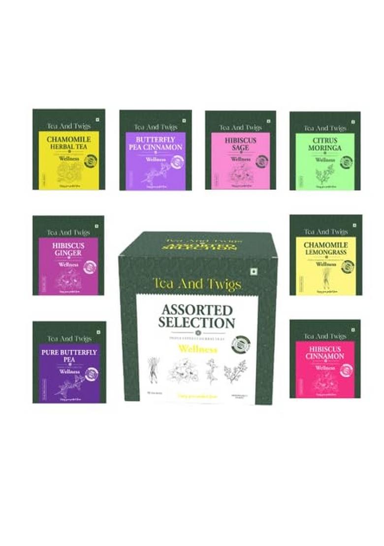 TEA AND TWIGS Twigs, Assortment Selection | 8 Varieties of Herbal |16 Teas Bags Gift Sets Box Hibiscus Butterfly Pea Chamomile Moringa
