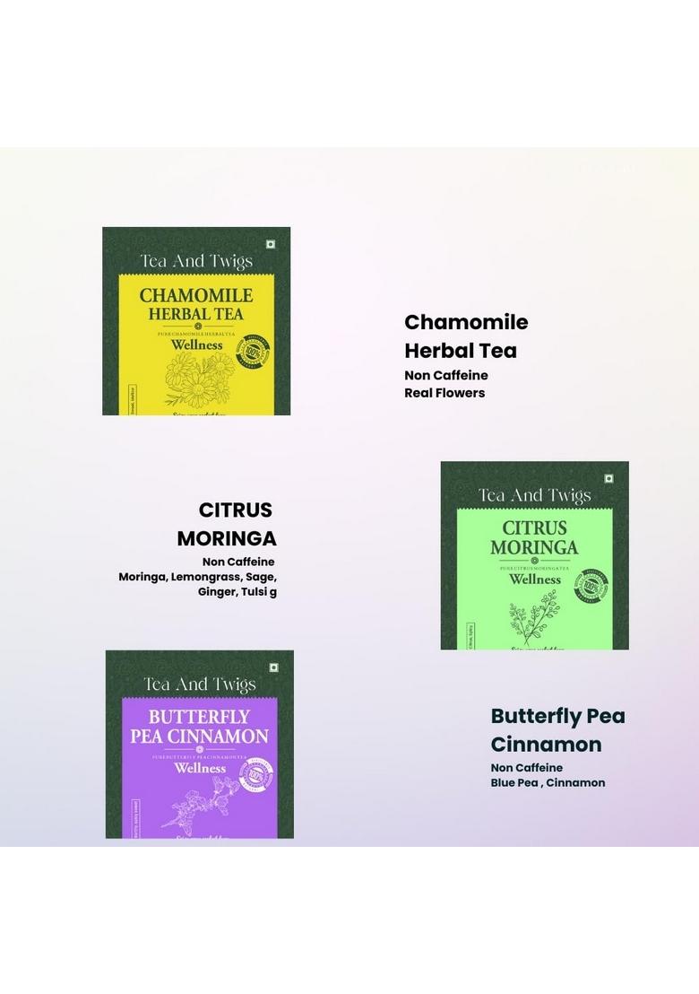TEA AND TWIGS Twigs, Assortment Selection | 8 Varieties of Herbal |16 Teas Bags Gift Sets Box Hibiscus Butterfly Pea Chamomile Moringa