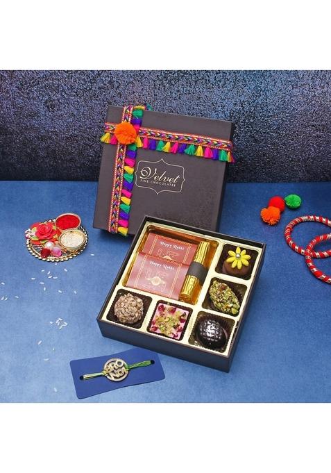 Velvet Fine Chocolates Rakhi Gift Hampers Pack for Brother & Sister | Box with 5 Assorted Chocolates, 1 Cranberry Log, Hazelnut Chocolate Bar, Orange Bar