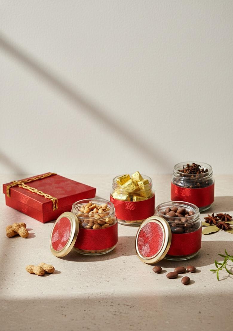 Ghasitaram Gifts Express Delivery Red 4 Jars Box of MEWA Bites, Chocolate Almonds, Crunchy Cashews & Banarsi Flavoured|Gift for Diwali,Holi,Valentine,Birthday,Anniversary,Gift Her,Him,Mothers Day|