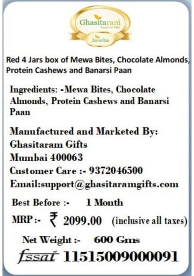 Ghasitaram Gifts Express Delivery Red 4 Jars Box of MEWA Bites, Chocolate Almonds, Crunchy Cashews & Banarsi Flavoured|Gift for Diwali,Holi,Valentine,Birthday,Anniversary,Gift Her,Him,Mothers Day|