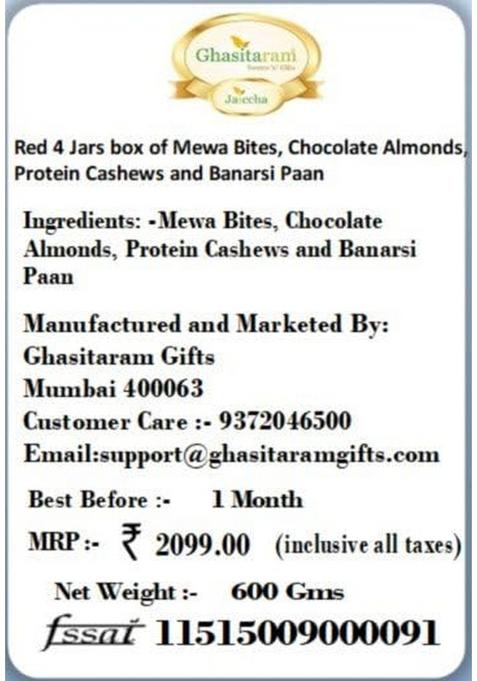 Ghasitaram Gifts Express Delivery Red 4 Jars Box of MEWA Bites, Chocolate Almonds, Crunchy Cashews & Banarsi Flavoured|Gift for Diwali,Holi,Valentine,Birthday,Anniversary,Gift Her,Him,Mothers Day|