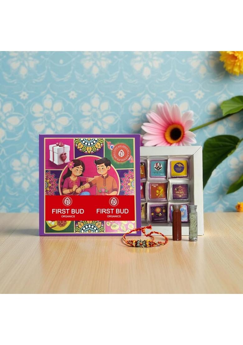 First Bud Organics Rakhi Chocolate Gift Hamper for Family with Hand Made Chocolates, Rakhi, Roli,Chawal & Card | Hampers Brothers Sisters
