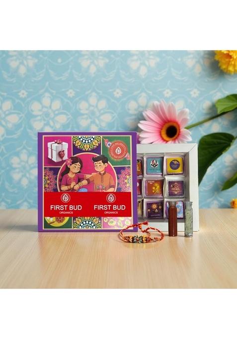 First Bud Organics Rakhi Chocolate Gift Hamper for Family with Hand Made Chocolates, Rakhi, Roli,Chawal & Card | Hampers Brothers Sisters