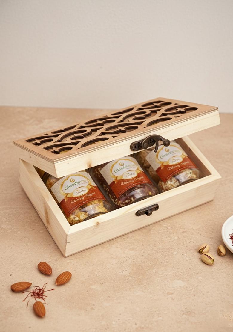 Ghasitaram Gifts Express Delivery Natural Wood Carving Box with Chocolate Cashews,Crunchy Cashews & Garlic Cashews|Gift for Diwali,Holi,Valentine,Birthday,Anniversary,Gift Her,Him,Mothers Day|