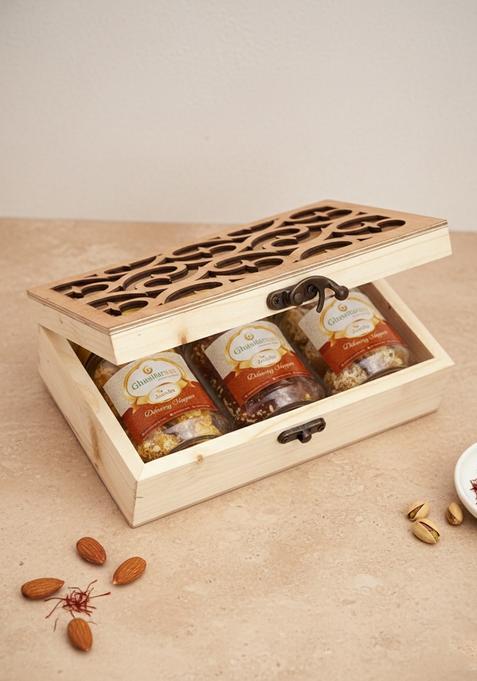 Ghasitaram Gifts Express Delivery Natural Wood Carving Box with Chocolate Cashews,Crunchy Cashews & Garlic Cashews|Gift for Diwali,Holi,Valentine,Birthday,Anniversary,Gift Her,Him,Mothers Day|