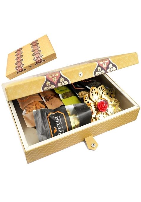 Ghasitaram Gifts - Express Delivery Diwali Golden 6 Part Box with Cashews, Almonds, Raisins,Butter Chakli, MEWA Bites, Banarsi Flavoured and 2 T-Lites