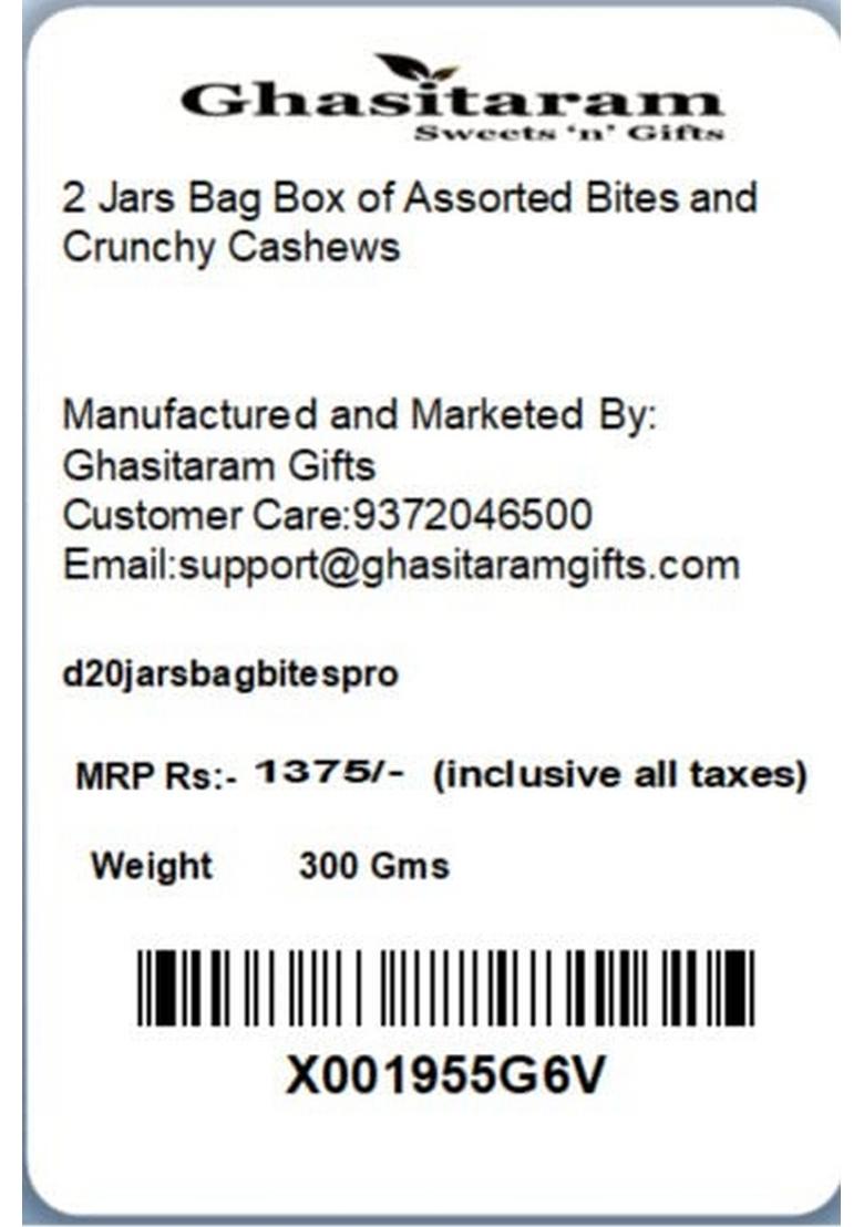 Ghasitaram Gifts Express Delivery 2 Jars Bag Box of Assorted Bites and Crunchy Cashews|Gift for Diwali,Holi,Valentine,Christmas,Birthday,Anniversary,Gift Her,Him,Mothers Day,Fathers Day|