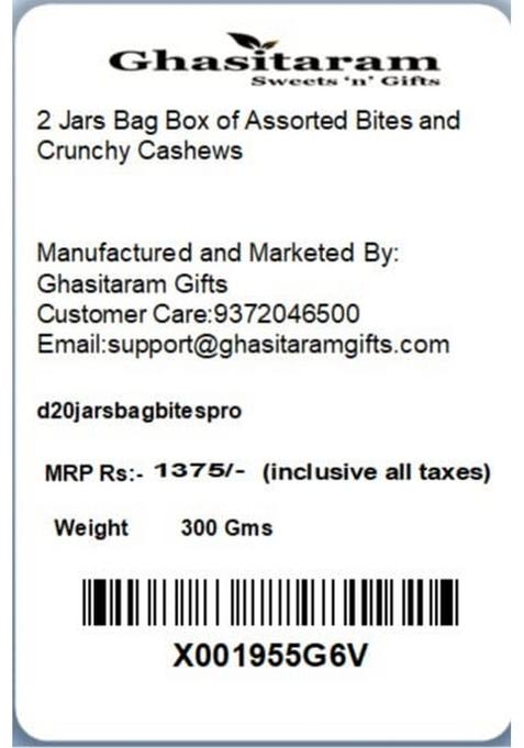 Ghasitaram Gifts Express Delivery 2 Jars Bag Box of Assorted Bites and Crunchy Cashews|Gift for Diwali,Holi,Valentine,Christmas,Birthday,Anniversary,Gift Her,Him,Mothers Day,Fathers Day|