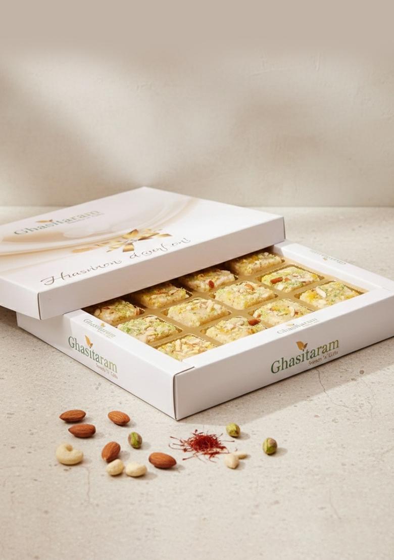 Ghasitaram Gifts Sweets- Sugarfree Almond Barfi in White Box|Sweets|Sweets Gift Pack|Diwali Sweets|Indian Mithai|Diwali Sweets Box|Sweets Box|Sugarfee Sweet|Sugarfee