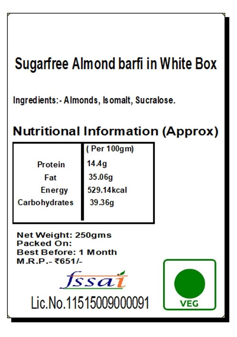 Ghasitaram Gifts Sweets- Sugarfree Almond Barfi in White Box|Sweets|Sweets Gift Pack|Diwali Sweets|Indian Mithai|Diwali Sweets Box|Sweets Box|Sugarfee Sweet|Sugarfee