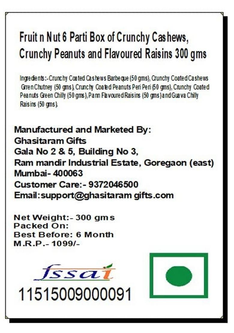 Ghasitaram Gifts Express Delivery Fruit n Nut 6 Parti Box of Crunchy Cashews,Peanuts & Flavoured Raisins 300 gms|Gift for Diwali,Holi,Valentine,Birthday,Anniversary,Gift Her,Him,Mothers Day|