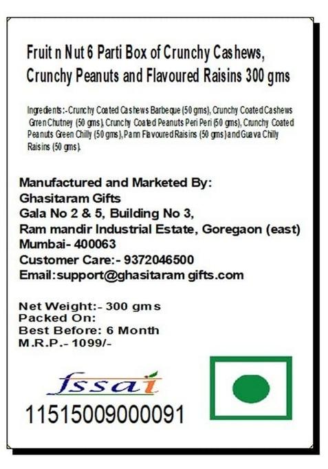 Ghasitaram Gifts Express Delivery Fruit n Nut 6 Parti Box of Crunchy Cashews,Peanuts & Flavoured Raisins 300 gms|Gift for Diwali,Holi,Valentine,Birthday,Anniversary,Gift Her,Him,Mothers Day|