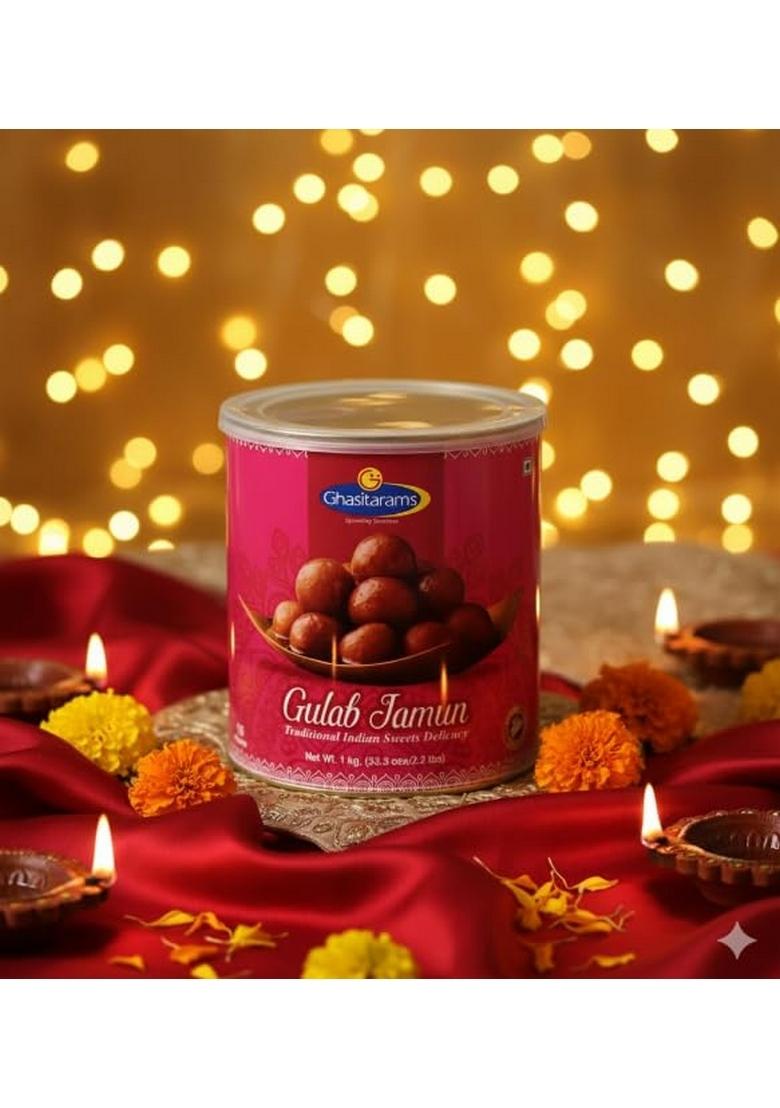 Ghasitaram's Diwali Gift Hamper Gulab Jamun Tin 1kg with Greeting Card + Puja Thali