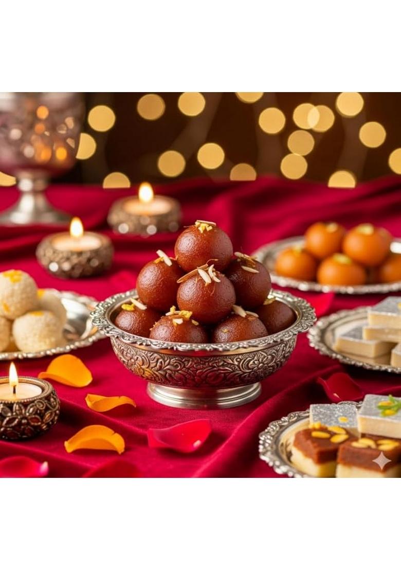 Ghasitaram's Diwali Gift Hamper Gulab Jamun Tin 1kg with Greeting Card + Puja Thali