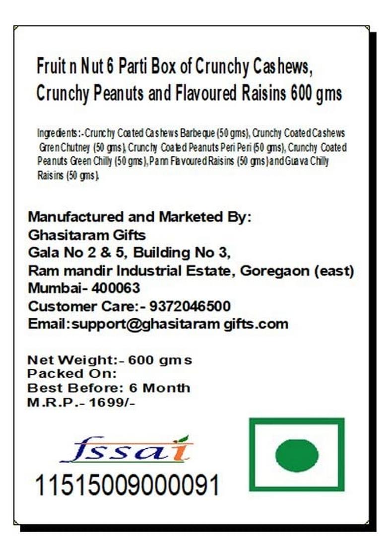 Ghasitaram Gifts Express Delivery Fruit n Nut 6 Parti Box of Crunchy Cashews,Peanuts & Flavoured Raisins 600 gms|Gift for Diwali,Holi,Valentine,Birthday,Anniversary,Gift Her,Him,Mothers Day|