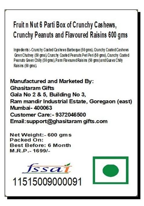 Ghasitaram Gifts Express Delivery Fruit n Nut 6 Parti Box of Crunchy Cashews,Peanuts & Flavoured Raisins 600 gms|Gift for Diwali,Holi,Valentine,Birthday,Anniversary,Gift Her,Him,Mothers Day|