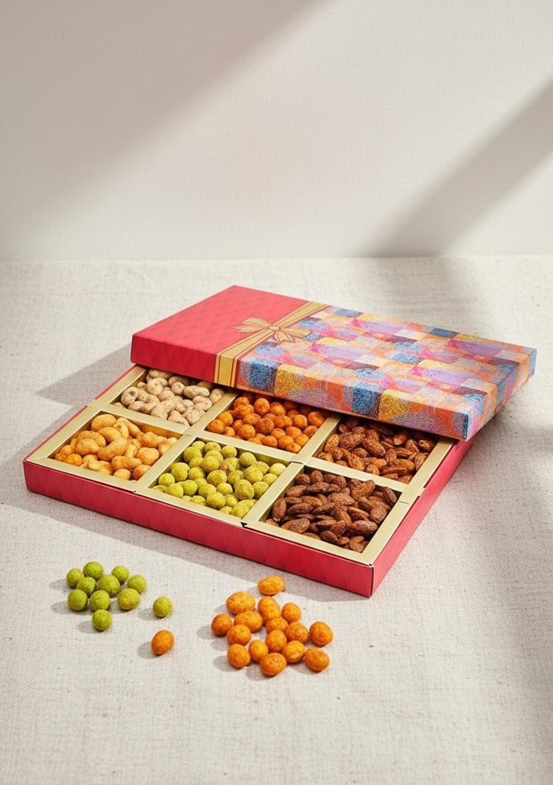 Ghasitaram Gifts Express Delivery Fruit n Nut 6 Part Box of Crunchy Cashews,Crunchy Peanuts & Flavoured Almonds 300 GMS|Gift for Diwali,Valentine,Birthday,Anniversary,Gift Her,Him,Mothers Day|