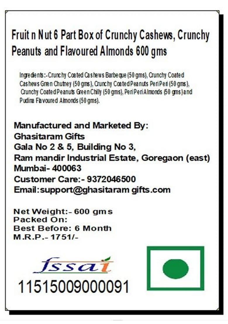 Ghasitaram Gifts Express Delivery Fruit n Nut 6 Part Box of Crunchy Cashews,Crunchy Peanuts & Flavoured Almonds 300 GMS|Gift for Diwali,Valentine,Birthday,Anniversary,Gift Her,Him,Mothers Day|