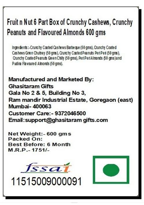 Ghasitaram Gifts Express Delivery Fruit n Nut 6 Part Box of Crunchy Cashews,Crunchy Peanuts & Flavoured Almonds 300 GMS|Gift for Diwali,Valentine,Birthday,Anniversary,Gift Her,Him,Mothers Day|