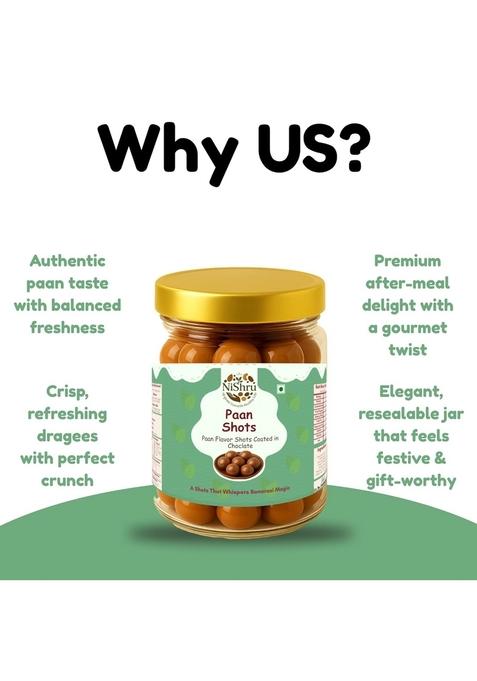 NISHRU Paan Shots Instant Mouth Freshener | Mukhwas Flavor Candy Sweet & Refreshing Digestive After Meal Treat Pan for Gifting Festive Delight Chocolate Flavored (150 Gram)