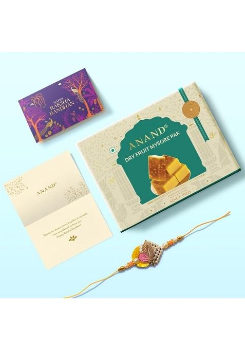 ANAND Sweets Raksha Bandhan/Rakhi MIthai Gift box | Dry Fruit Mysore Pak (200g) + Rakhi Greeting card combo Mouth Watering Pure Desi Ghee For Brother, Sister, Bhabhi No Preservatives
