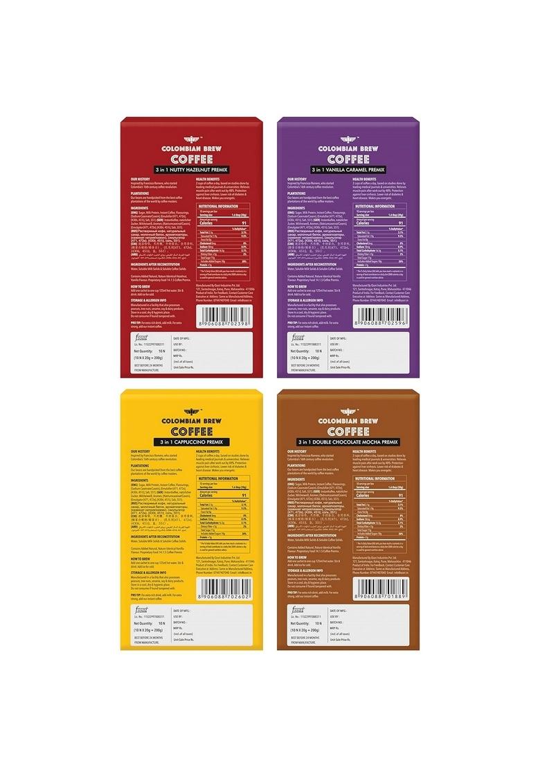 COLOMBIAN BREW COFFEE 3 in 1 Assorted Instant Premix Caf Latte, Cappuccino, Hazelnut, Vanilla Caramel, Double Choco Mocha, 8 Sachets Box