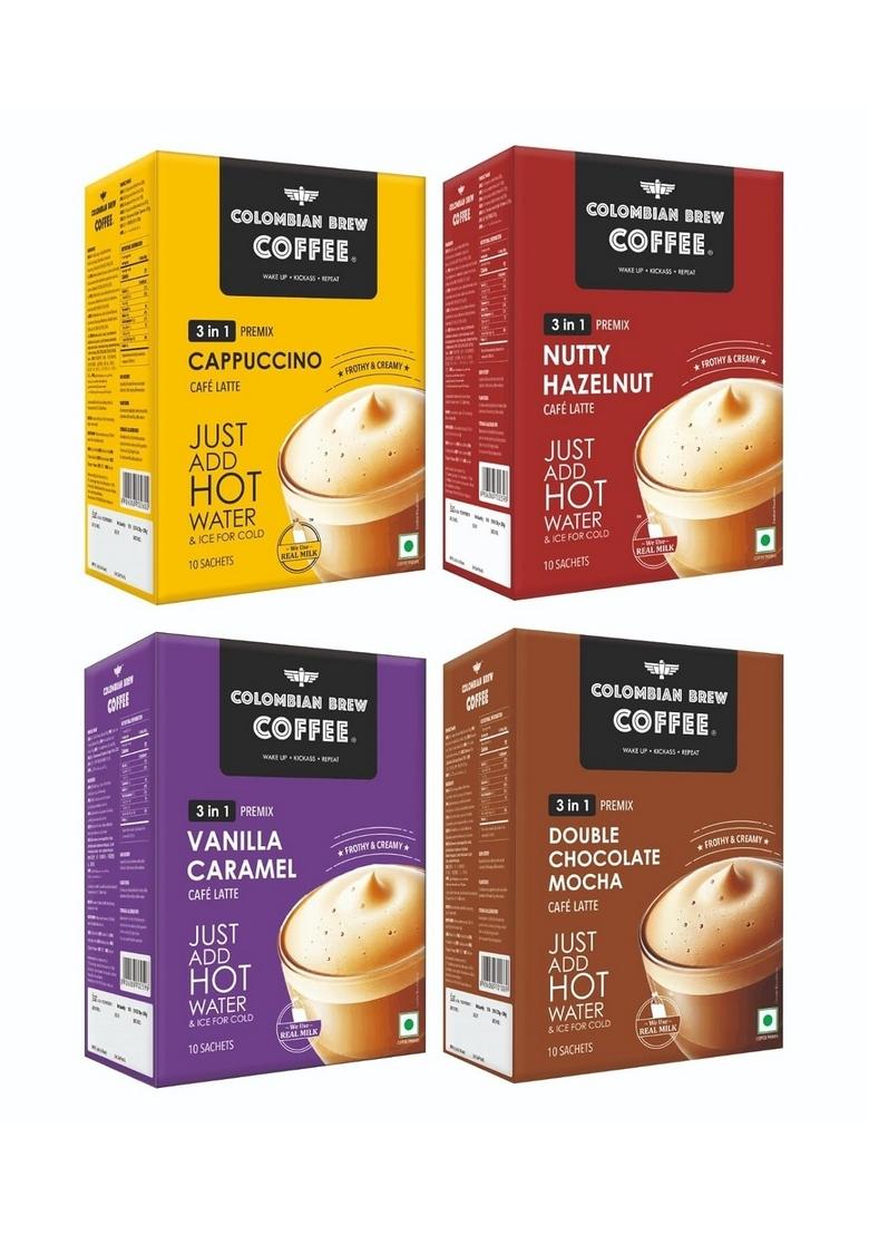 COLOMBIAN BREW COFFEE 3 in 1 Assorted Instant Premix Caf Latte, Cappuccino, Hazelnut, Vanilla Caramel, Double Choco Mocha, 8 Sachets Box
