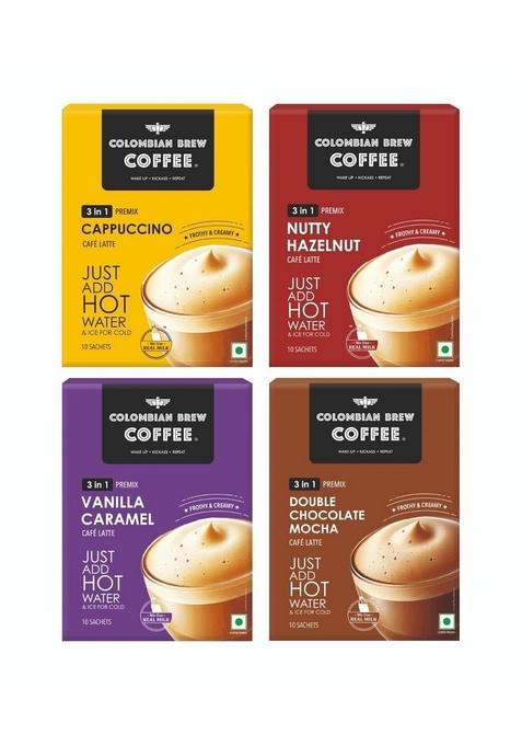 COLOMBIAN BREW COFFEE 3 in 1 Assorted Instant Premix Caf Latte, Cappuccino, Hazelnut, Vanilla Caramel, Double Choco Mocha, 8 Sachets Box