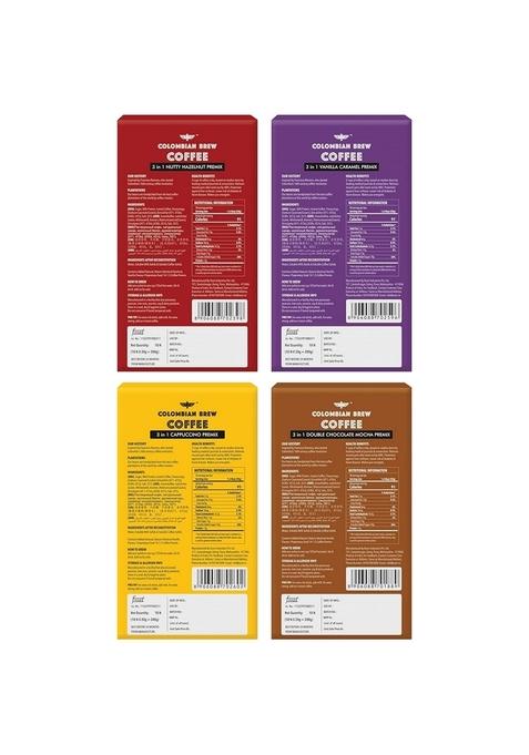 COLOMBIAN BREW COFFEE 3 in 1 Assorted Instant Premix Caf Latte, Cappuccino, Hazelnut, Vanilla Caramel, Double Choco Mocha, 8 Sachets Box