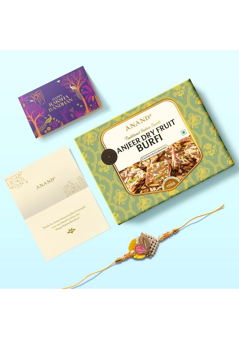 ANAND Sweets Raksha Bandhan/Rakhi MIthai Gift box | Anjeer Dry Fruits Burfi (250g) +Rakhi+Greeting card Combo Mouth Watering Authentic Dish For Brother, Sister, Bhabhi No Preservatives