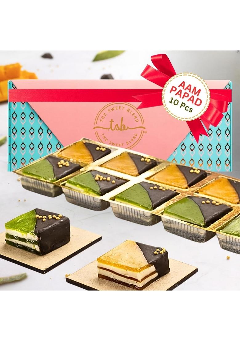 THE SWEET BLEND Assorted Sweets | Mango Bite, Khatta Meetha Aam Papad & Kaccha with Chocolate Tangy Indian Mithai Gift Hamper Box 250 g (10 pcs) |Ideal for Diwali