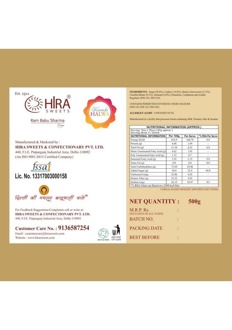 HIRA SWEETS Karachi Halwa (500g) | Pure Desi Ghee & Fresh Almond, Cashew Pistachio Ready-to-Eat Traditional Indian Mithai No Added Colors Perfect Gift Box
