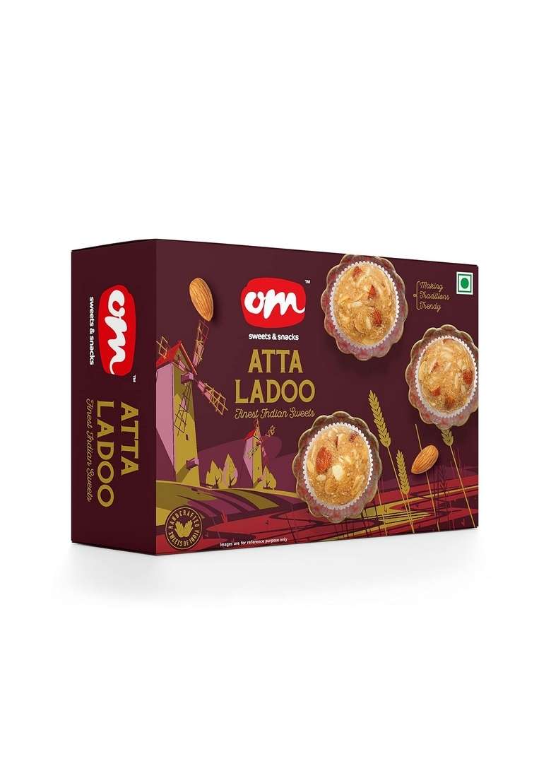 OM SWEETS & SNACKS Atta Laddoo | Made With Premium Ingredients No Added Colours Or Preservatives Rich In Carbohydrates Proteins Fresh Products Indian Mithai Pure Desi Ghee 800gm 1 Box - Indya